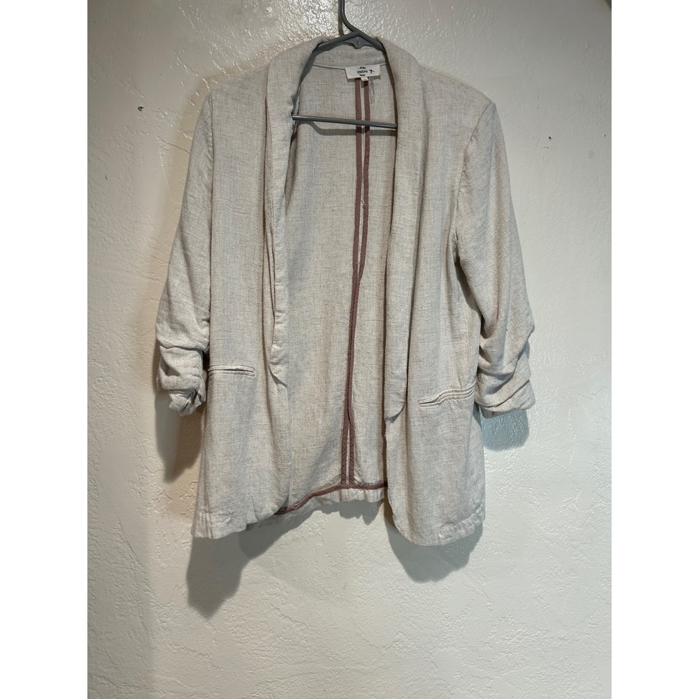 Entro Womens Linen Blend Ruched 3/4 Sleeve Open Front Blazer Oatmeal Beige Small